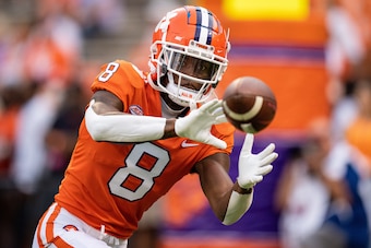 CLEMSON, SOUTH CAROLINA - OCTOBER 02: Wide receiver Justyn Ross #8 of the Clemson Tigers warms up before their game against the Boston College Eagles at Clemson Memorial Stadium on October 02, 2021 in Clemson, South Carolina. (Photo by Jacob Kupferman/Get