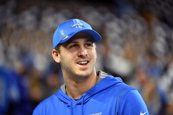 DETROIT, MICHIGAN - JANUARY 09: Jared Goff #16 of the Detroit Lions look on during pregame warm-ups prior to a game against the Green Bay Packers at Ford Field on January 09, 2022 in Detroit, Michigan. (Photo by Nic Antaya/Getty Images)