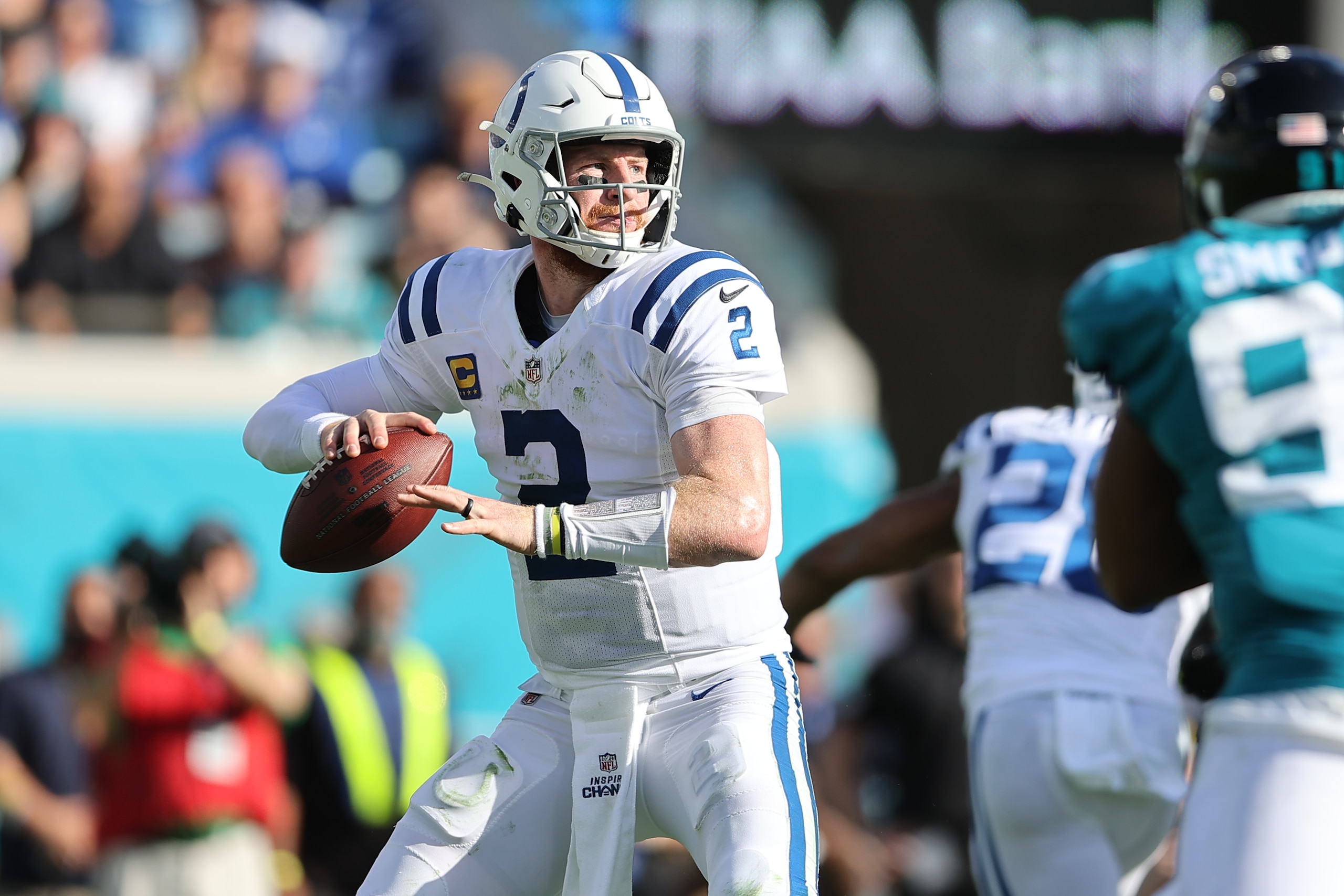 JACKSONVILLE, FL - JANUARY 09: Indianapolis Colts quarterback Carson Wentz (2) makes a pass attempt in the second half during the game between the Indianapolis Colts and the Jacksonville Jaguars on January 9, 2022 at TIAA Bank Field in Jacksonville, FL (P