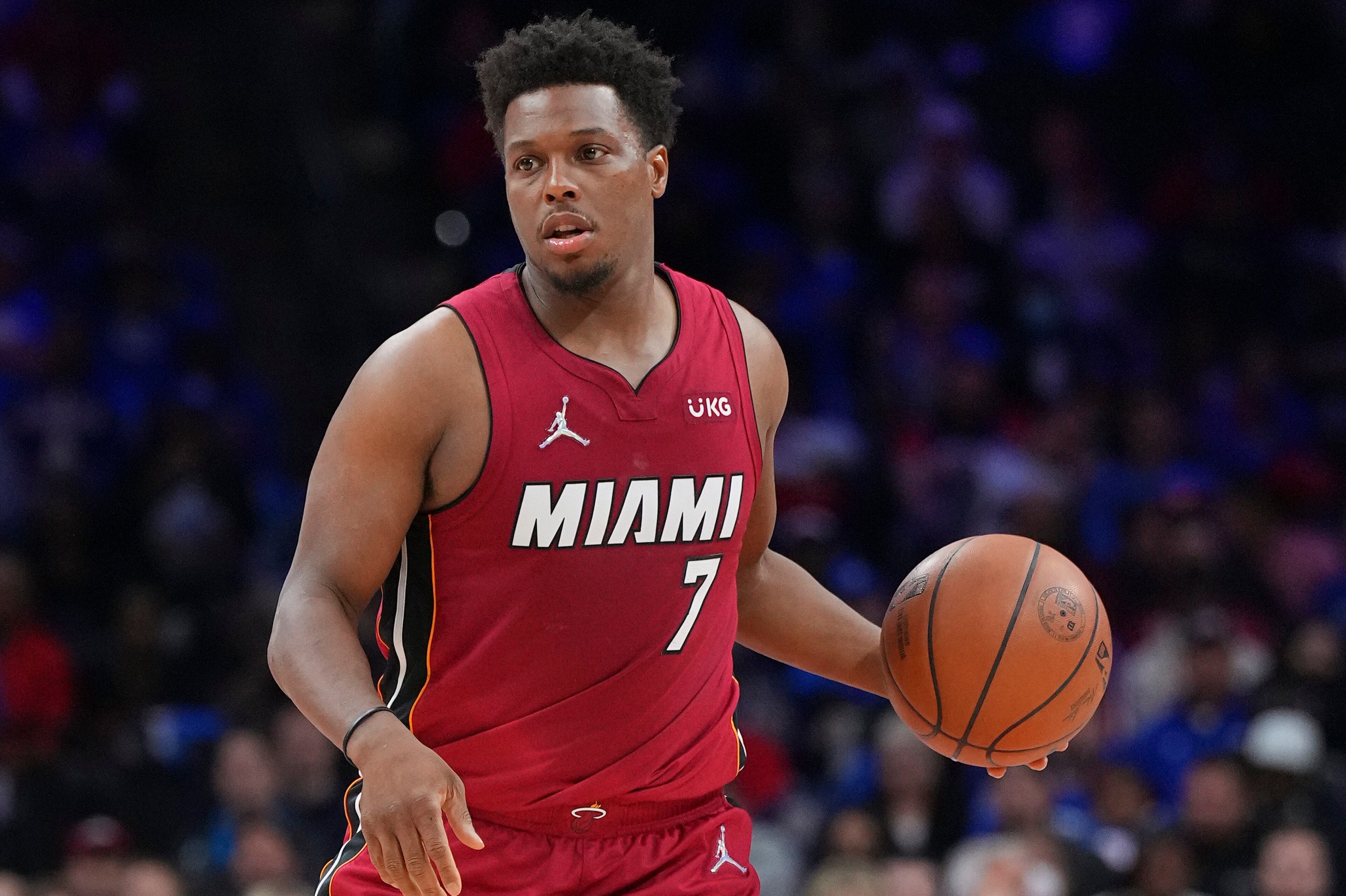 PHILADELPHIA, PA - MAY 06: Kyle Lowry #7 of the Miami Heat dribbles the ball against the Philadelphia 76ers during Game Three of the 2022 NBA Playoffs Eastern Conference Semifinals at the Wells Fargo Center on May 6, 2022 in Philadelphia, Pennsylvania. Th