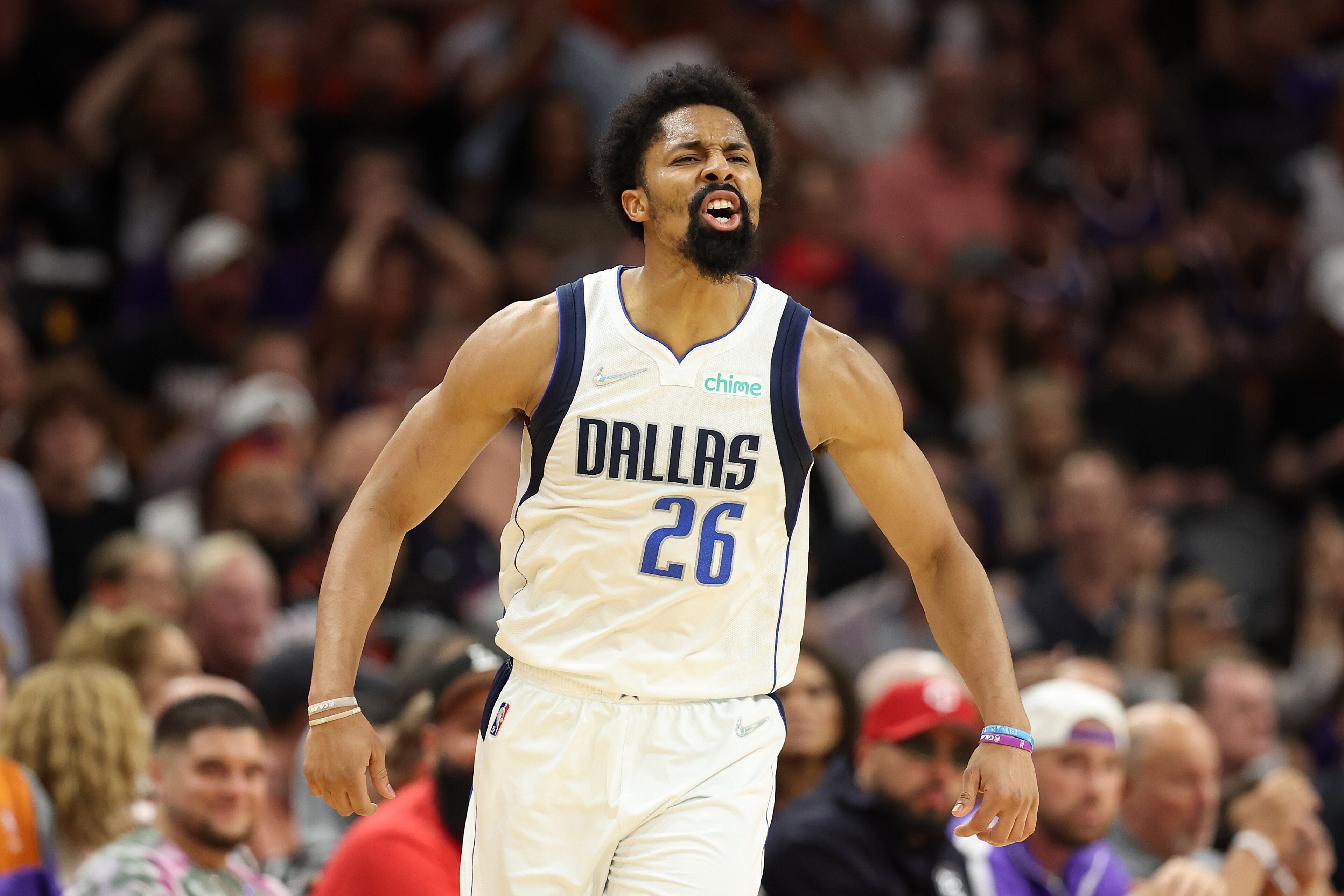 PHOENIX, ARIZONA - MAY 15: Spencer Dinwiddie #26 of the Dallas Mavericks reacts during the first half against the Phoenix Suns in Game Seven of the 2022 NBA Playoffs Western Conference Semifinals at Footprint Center on May 15, 2022 in Phoenix, Arizona. NO