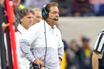 INDIANAPOLIS, IN - JANUARY 10: Alabama Crimson Tide head coach Nick Saban looks on during the Alabama Crimson Tide versus the Georgia Bulldogs in the College Football Playoff National Championship, on January 10, 2022, at Lucas Oil Stadium in Indianapolis