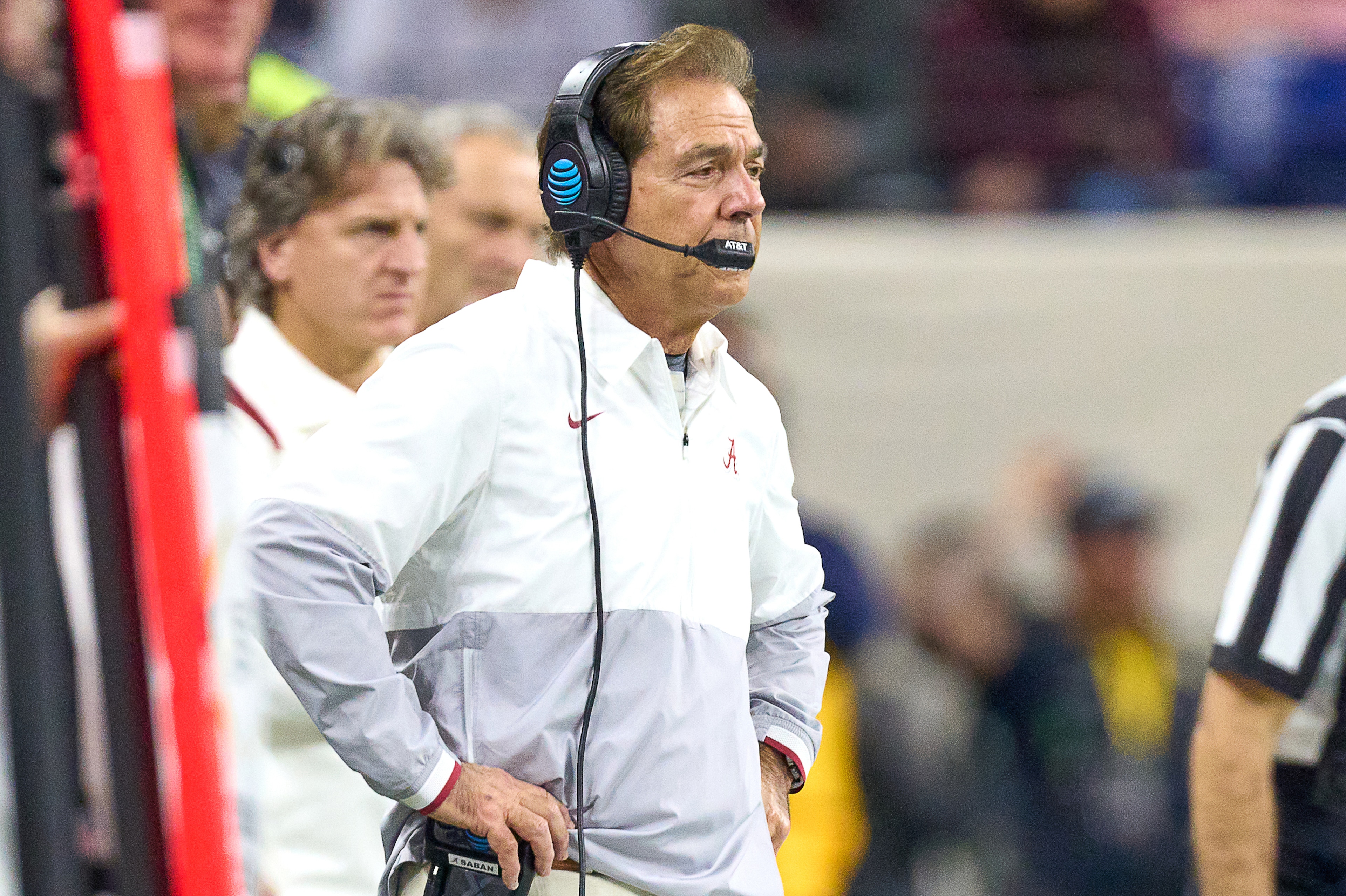 INDIANAPOLIS, IN - JANUARY 10: Alabama Crimson Tide head coach Nick Saban looks on during the Alabama Crimson Tide versus the Georgia Bulldogs in the College Football Playoff National Championship, on January 10, 2022, at Lucas Oil Stadium in Indianapolis