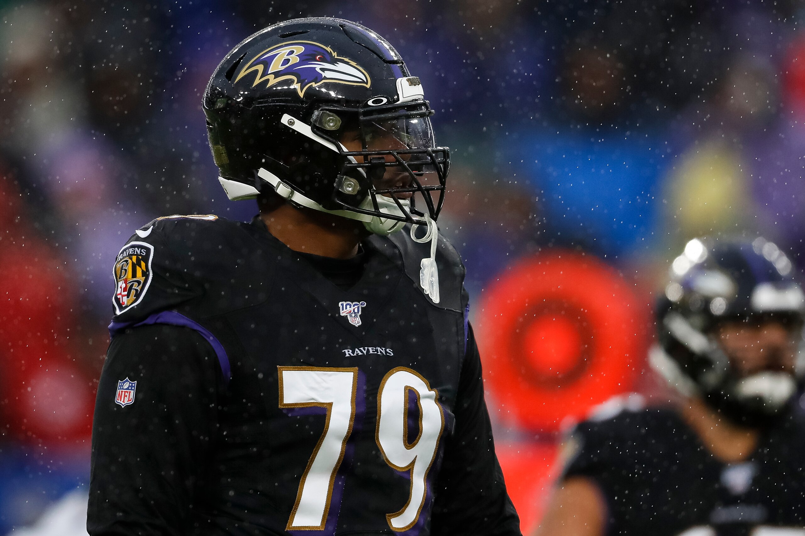 BALTIMORE, MD - DECEMBER 01: Ronnie Stanley #79 of the Baltimore Ravens looks on during the first half of the game against the San Francisco 49ers at M&T Bank Stadium on December 1, 2019 in Baltimore, Maryland. (Photo by Scott Taetsch/Getty Images)