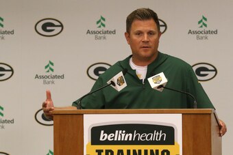 GREEN BAY, WI - JULY 24: Green Bay Packers General Manager Brian Gutekunst addresses the media following the Green Bay Packers Shareholders meeting on July 24, 2019 at Lambeau Field, in Green Bay, WI. (Photo by Larry Radloff/Icon Sportswire via Getty Imag