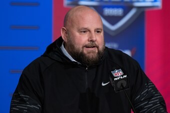 INDIANAPOLIS, IN - MARCH 01: New York Giants head coach Brian Daboll answers questions from the media during the NFL Scouting Combine on March 1, 2022, at the Indiana Convention Center in Indianapolis, IN. (Photo by Zach Bolinger/Icon Sportswire via Getty
