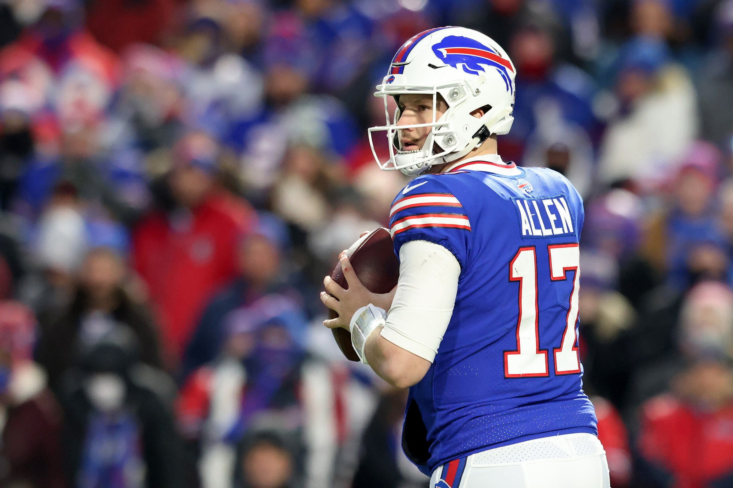 ORCHARD PARK, NEW YORK - JANUARY 09: Josh Allen #17 of the Buffalo Bills looks to pass during the first quarter against the New York Jets at Highmark Stadium on January 09, 2022 in Orchard Park, New York. (Photo by Bryan Bennett/Getty Images)