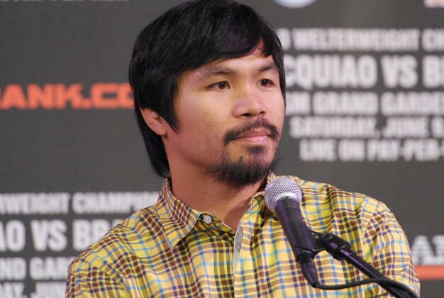Feb 21, 2012; Beverly Hills, CA, USA; Manny Pacquiao at a press conference at the Beverly Hills Hotel. Mandatory Credit: Kirby Lee/Image of Sport-USA TODAY Sports