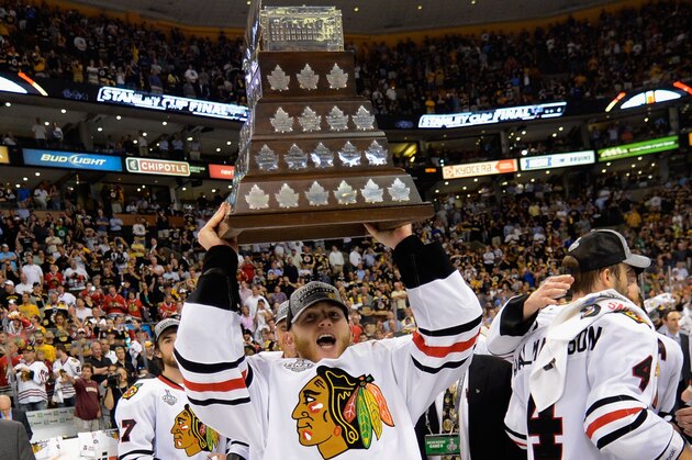BOSTON, MA - JUNE 24:  Patrick Kane #88 of the Chicago Blackhawks celebrates after he was awarded the Conn Smythe after Game Six of the 2013 Stanley Cup Final against the Boston Bruins at TD Garden on June 24, 2013 in Boston, Massachusetts. The Chicago Blackhawks won the game 3-2 and the series 4-2 to win the Stanley Cup.  (Photo by Bill Smith/NHLI via Getty Images)