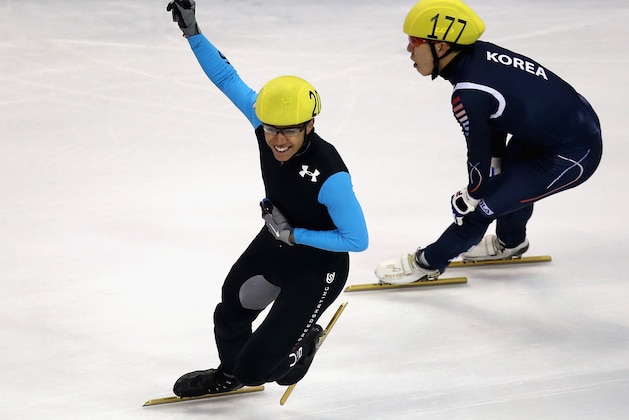 SHANGHAI, CHINA - SEPTEMBER 29:  J.R. Celski of United States team (Left) celebrates winning the Men's 5000m Relay Final during day four of the Samsung ISU World Cup Short Track at the Oriental Sports Center on September 29, 2013 in Shanghai, China.  (Photo by Feng Li/Getty Images)