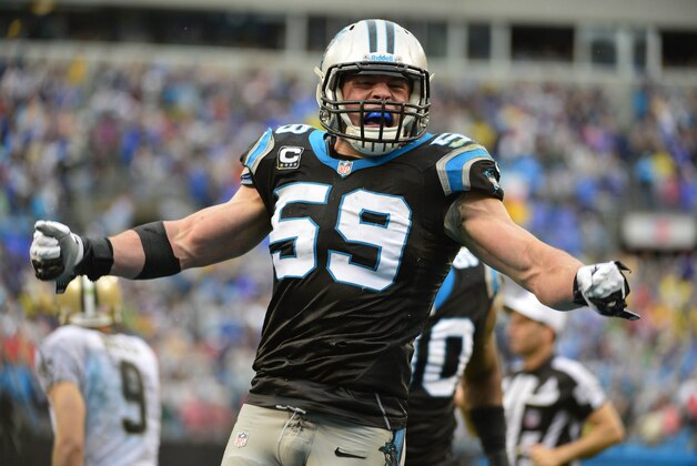 Dec 22, 2013; Charlotte, NC, USA; Carolina Panthers middle linebacker Luke Kuechly (59) reacts in the fourth quarter. The Panthers defeated the Saint 17-13 at Bank of America Stadium. Mandatory Credit: Bob Donnan-USA TODAY Sports