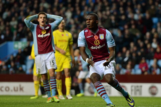 BIRMINGHAM, ENGLAND - NOVEMBER 09:  Christian Benteke of Aston Villa reacts after missing a chance on goal during the Barclays Premier League match between Aston Villa and Cardiff City at Villa Park on November 9, 2013 in Birmingham, England.  (Photo by Michael Regan/Getty Images)