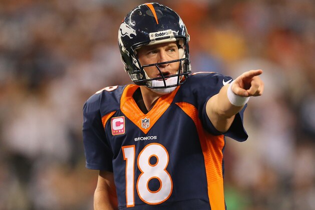 ARLINGTON, TX - OCTOBER 06:  Peyton Manning #18 of the Denver Broncos at AT&T Stadium on October 6, 2013 in Arlington, Texas.  (Photo by Ronald Martinez/Getty Images)