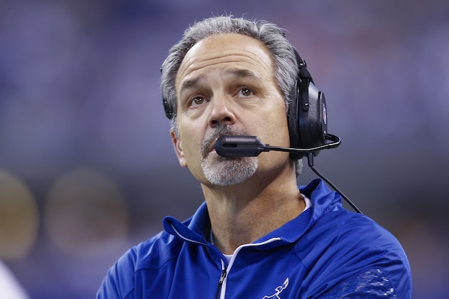INDIANAPOLIS, IN - DECEMBER 15: Head coach Chuck Pagano of the Indianapolis Colts looks up in the stands during the game against the Houston Texans at Lucas Oil Stadium on December 15, 2013 in Indianapolis, Indiana. Indianapolis defeated Houston 25-3. (Photo by Michael Hickey/Getty Images)