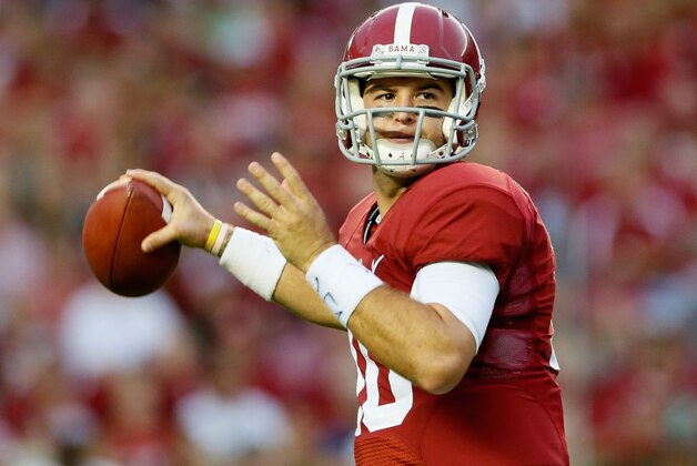 TUSCALOOSA, AL - SEPTEMBER 21:  AJ McCarron #10 of the Alabama Crimson Tide looks to pass against the Colorado State Rams at Bryant-Denny Stadium on September 21, 2013 in Tuscaloosa, Alabama.  (Photo by Kevin C. Cox/Getty Images)