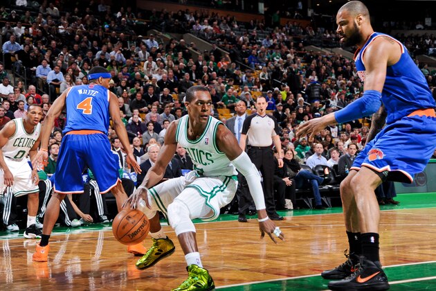 BOSTON, MA - JANUARY 24: Rajon Rondo #9 of the Boston Celtics drives against Tyson Chandler #6 of the New York Knicks on January 24, 2013 at the TD Garden in Boston, Massachusetts.  NOTE TO USER: User expressly acknowledges and agrees that, by downloading and or using this photograph, user is consenting to the terms and conditions of the Getty Images License Agreement. Mandatory Copyright Notice: Copyright 2013 NBAE  (Photo by Brian Babineau/NBAE via Getty Images)