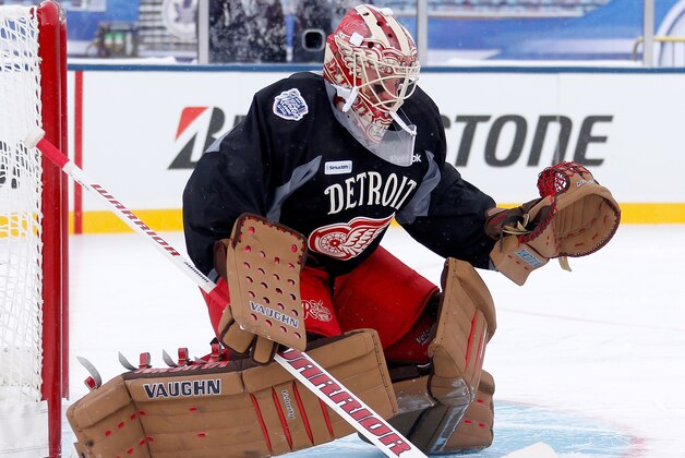 ANN ARBOR, MI - DECEMBER 31: (EDITORIAL USE ONLY)(EDITORIAL USE ONLY) Jimmy Howard #35 of the Detroit Red Wings works out during the team's practice the day prior to the 2014 Bridgestone NHL Winter Classic at Michigan Stadium on December 31, 2013 in Ann Arbor, Michigan. (Photo by Gregory Shamus/Getty Images) ANN ARBOR, MI - DECEMBER 31: (EDITORIAL USE ONLY)(EDITORIAL USE ONLY) Jimmy Howard #35 of the Detroit Red Wings works out during the team's practice the day prior to the 2014 Bridgestone NHL Winter Classic at Michigan Stadium on December 31, 2013 in Ann Arbor, Michigan. (Photo by Gregory Shamus/Getty Images)