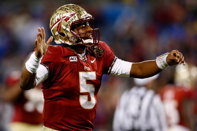 CHARLOTTE, NC - DECEMBER 07:  Quarterback Jameis Winston #5 of the Florida State Seminoles reacts against the Duke Blue Devils during the ACC Championship game at Bank of America Stadium on December 7, 2013 in Charlotte, North Carolina.  (Photo by Streeter Lecka/Getty Images)
