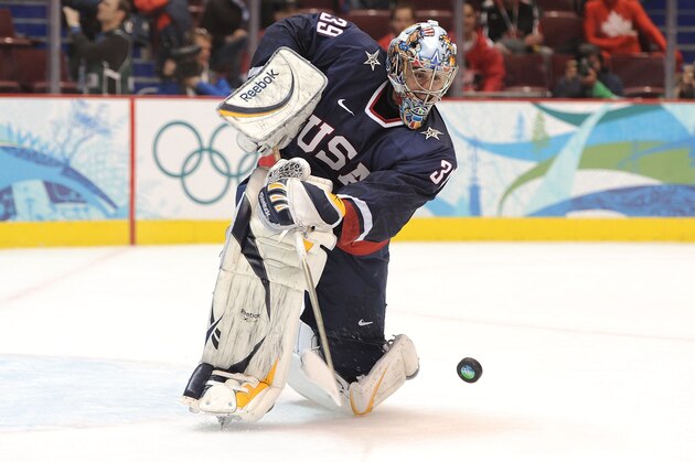 VANCOUVER, BC - FEBRUARY 26:  Goalkeeper Ryan Miller #39 of the United States looks at the puck during the ice hockey men's semifinal game between the United States and Finland on day 15 of the Vancouver 2010 Winter Olympics at Canada Hockey Place on February 26, 2010 in Vancouver, Canada.  (Photo by Harry How/Getty Images)