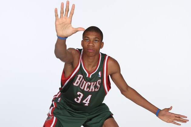 MILWAUKEE, WI - JUNE 28: Milwaukee Bucks 2013 NBA Draft pick Giannis Antetokounmpo poses for a portrait on June 28, 2013 at the BMO Harris Bradley Center in Milwaukee, Wisconsin. NOTE TO USER:  User expressly acknowledges and agrees that, by downloading and or using this Photograph, user is consenting to the terms and conditions of the Getty Images License Agreement.  Mandatory Copyright Notice:  Copyright 2013 NBAE (Photo by Gary Dineen/NBAE via Getty Images)