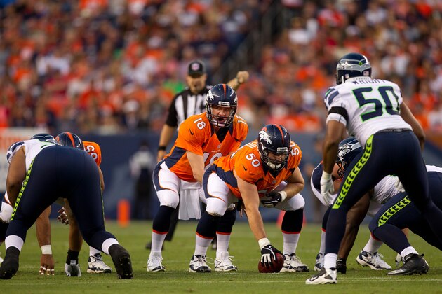 DENVER, CO - AUGUST 18: Quarterback Peyton Manning #18 of the Denver Broncos signals against the Seattle Seahawks at Sports Authority Field Field at Mile High on August 18, 2012 in Denver, Colorado. (Photo by Justin Edmonds/Getty Images) DENVER, CO - AUGUST 18: Quarterback Peyton Manning #18 of the Denver Broncos signals against the Seattle Seahawks at Sports Authority Field Field at Mile High on August 18, 2012 in Denver, Colorado. (Photo by Justin Edmonds/Getty Images)