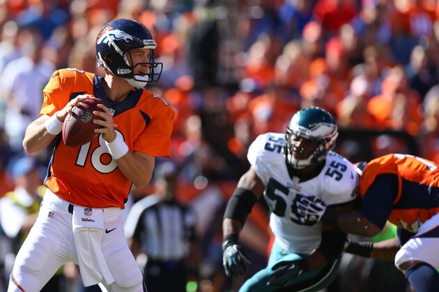 DENVER, CO - SEPTEMBER 29:  Quarterback Peyton Manning #18 of the Denver Broncos in action against the Philadelphia Eagles at Sports Authority Field Field at Mile High on September 29, 2013 in Denver, Colorado.  (Photo by Justin Edmonds/Getty Images)