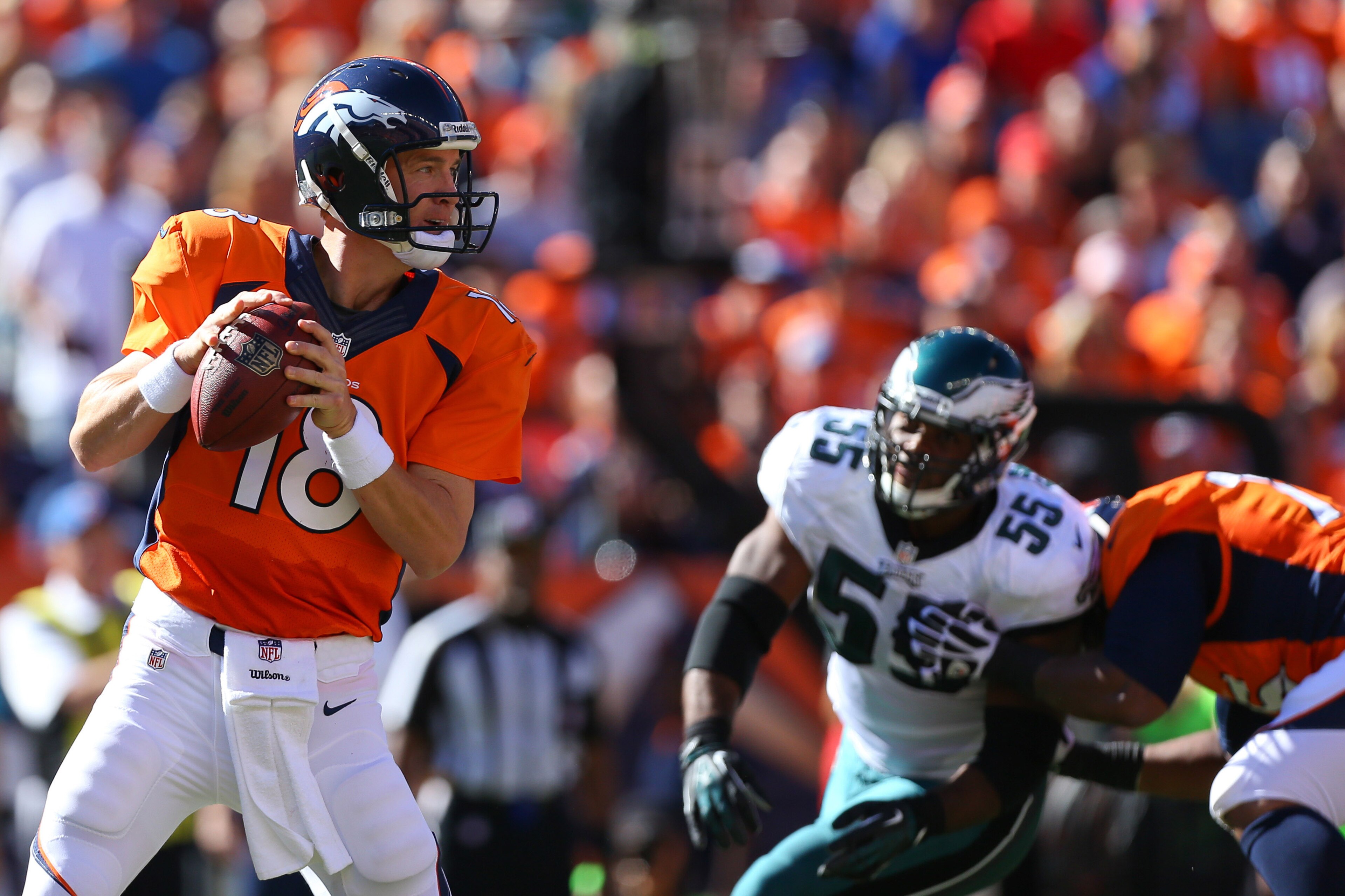 DENVER, CO - SEPTEMBER 29:  Quarterback Peyton Manning #18 of the Denver Broncos in action against the Philadelphia Eagles at Sports Authority Field Field at Mile High on September 29, 2013 in Denver, Colorado.  (Photo by Justin Edmonds/Getty Images)