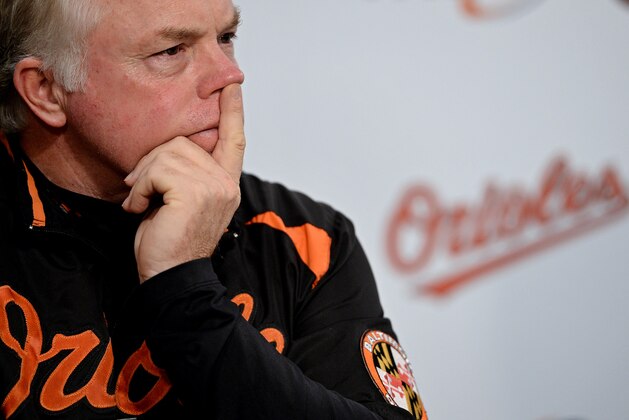 BALTIMORE, MD - SEPTEMBER 24:  Manager Buck Showalter of the Baltimore Orioles speaks to the media about third basemen Manny Machado's knee injury that occurred against the Tampa Bay Rays yesterday, before a game against the Toronto Blue Jays at Oriole Park at Camden Yards on September 24, 2013 in Baltimore, Maryland. (Photo by Patrick Smith/Getty Images)
