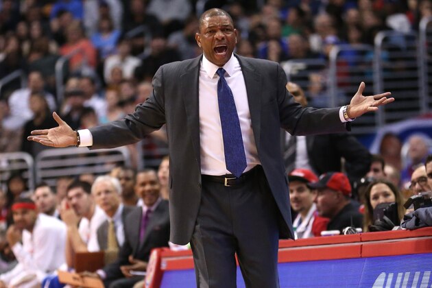 LOS ANGELES, CA - DECEMBER 30:  Head coach Doc Rivers of the Los Angeles Clippers complains to a referee in the game with the Phoenix Suns at Staples Center on December 30, 2013 in Los Angeles, California. NOTE TO USER: User expressly acknowledges and agrees that, by downloading and or using this photograph, User is consenting to the terms and conditions of the Getty Images License Agreement.  (Photo by Stephen Dunn/Getty Images)