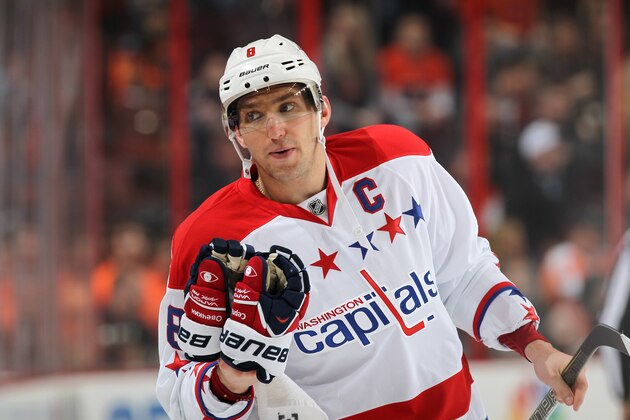 PHILADELPHIA, PA - DECEMBER 17:  Alex Ovechkin #8 of the Washington Capitals skates to the bench following a scrum against the Philadelphia Flyers on December 17, 2013 at the Wells Fargo Center in Philadelphia, Pennsylvania.  (Photo by Len Redkoles/NHLI via Getty Images)
