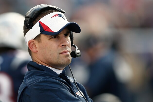 Oct 27, 2013; Foxborough, MA, USA; New England Patriots offensive coordinator Josh McDaniels looks on against the Miami Dolphins during the first quarter at Gillette Stadium. Mandatory Credit: Winslow Townson-USA TODAY Sports