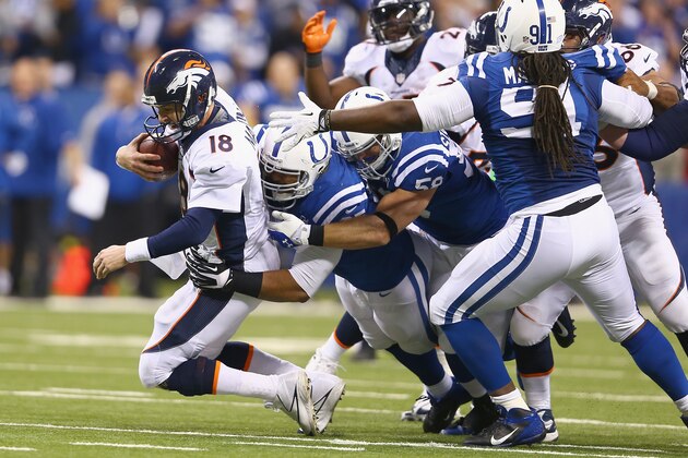 INDIANAPOLIS, IN - OCTOBER 20: Peyton Manning #18 of the Denver Broncos is sacked during the game against the Indianapolis Colts at Lucas Oil Stadium on October 20, 2013 in Indianapolis, Indiana. (Photo by Andy Lyons/Getty Images) INDIANAPOLIS, IN - OCTOBER 20: Peyton Manning #18 of the Denver Broncos is sacked during the game against the Indianapolis Colts at Lucas Oil Stadium on October 20, 2013 in Indianapolis, Indiana. (Photo by Andy Lyons/Getty Images)