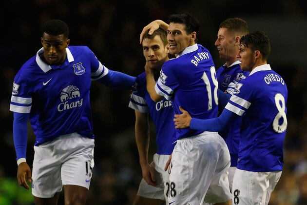 LIVERPOOL, ENGLAND - DECEMBER 14: Seamus Coleman of Everton is congratulated by his team-mates after scoring his team's second goal during the Barclays Premier League match between Everton and Fulham at Goodison Park on December 14, 2013 in Liverpool, England. (Photo by Paul Thomas/Getty Images) LIVERPOOL, ENGLAND - DECEMBER 14: Seamus Coleman of Everton is congratulated by his team-mates after scoring his team's second goal during the Barclays Premier League match between Everton and Fulham at Goodison Park on December 14, 2013 in Liverpool, England. (Photo by Paul Thomas/Getty Images)