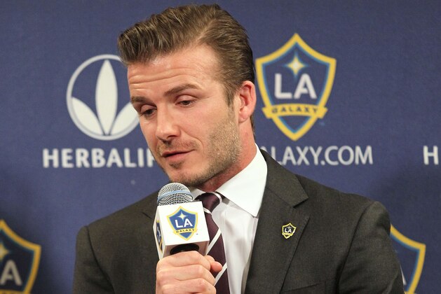 LOS ANGELES, CA - JANUARY 19:  Midfielder David Beckham speaks during the press conference announcing his new contract with the Los Angeles Galaxy at Staples Center on January 19, 2012 in Los Angeles, California.  (Photo by Victor Decolongon/Getty Images)