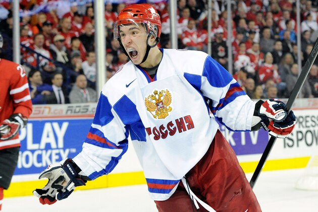 CALGARY, CANADA - JANUARY 3:  Alexander Khokhlachev #19 of Team Russia celebrates his second period goal against Team Canada during the 2012 World Junior Hockey Championship Semifinal game at the Saddledome on January 3, 2012 in Calgary, Alberta, Canada.  (Photo by Richard Wolowicz/Getty Images)