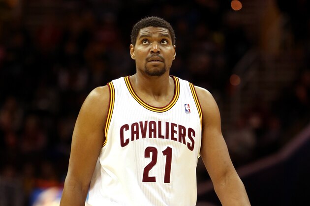 CLEVELAND, OH - DECEMBER 26:  Andrew Bynum #21 of the Cleveland Cavaliers looks on during the game against the Atlanta Hawks at Quicken Loans Arena on December 26, 2013 in Cleveland, Ohio.  NOTE TO USER: User expressly acknowledges and agrees that, by downloading and/or using this photograph, user is consenting to the terms and conditions of the Getty Images License Agreement.  (Photo by Mike Lawrie/Getty Images)