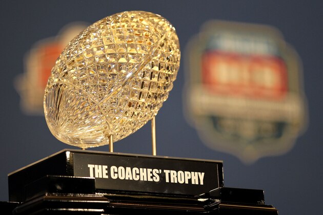 NEW ORLEANS, LA - JANUARY 10:   The Coaches' Trophy, awarded to head coach Nick Saban of the Alabama Crimson Tide after defeating Louisiana State University Tigers in the 2012 Allstate BCS National Championship Game during a press conference on January 10, 2012 in New Orleans, Louisiana.  (Photo by Andy Lyons/Getty Images)