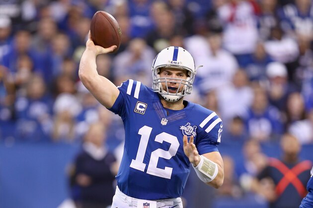 INDIANAPOLIS, IN - DECEMBER 15:  Andrew Luck #12 of the Indianapolis Colts throws a pass during the NFL game against the Houston Texans at Lucas Oil Stadium on December 15, 2013 in Indianapolis, Indiana.  (Photo by Andy Lyons/Getty Images)
