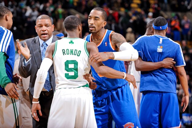 BOSTON, MA - JANUARY 24: Rajon Rondo #9 of the Boston Celtics greets J.R. Smith #8 of the New York Knicks following their game on January 24, 2013 at the TD Garden in Boston, Massachusetts.  NOTE TO USER: User expressly acknowledges and agrees that, by downloading and or using this photograph, user is consenting to the terms and conditions of the Getty Images License Agreement. Mandatory Copyright Notice: Copyright 2013 NBAE  (Photo by Brian Babineau/NBAE via Getty Images)
