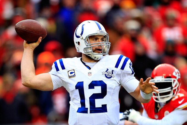 KANSAS CITY, MO - DECEMBER 22:  Quarterback Andrew Luck #12 of the Indianapolis Colts passes during the game against the Kansas City Chiefs at Arrowhead Stadium on December 22, 2013 in Kansas City, Missouri.  (Photo by Jamie Squire/Getty Images)