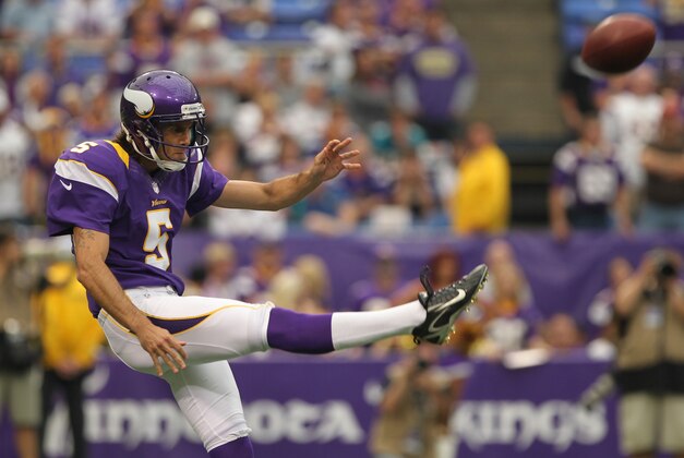 Sep 9, 2012; Minneapolis, MN, USA; Minnesota Vikings punter Chris Kluwe (5) against the Jacksonville Jaguars at the Metrodome. The Vikings defeated the Jaguars 26-23 in overtime. Mandatory Credit: Brace Hemmelgarn-USA TODAY Sports