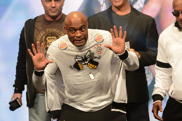 Dec 27, 2013; Las Vegas, NV, USA;  Anderson Silva on stage during the weigh-in for his UFC Middleweight Title Fight against Chris Weidman (not pictured) at MGM Grand Garden Arena. Mandatory Credit: Jayne Kamin-Oncea-USA TODAY Sports