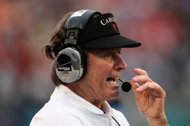 ORLANDO, FL - JANUARY 01:  Head coach Steve Spurrier of the South Carolina Gamecocks waits on the field during their game against the Wisconsin Badgers at the Capital One Bowl on January 1, 2014 in Orlando, Florida.  (Photo by Scott Halleran/Getty Images)