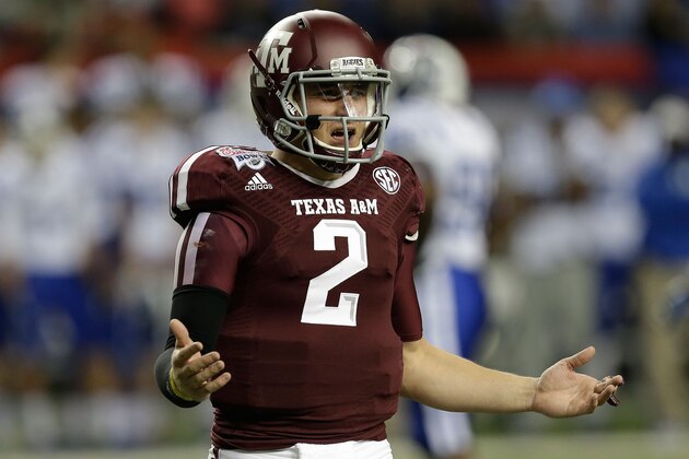 ATLANTA, GA - DECEMBER 31: Quarterback Johnny Manziel #2 of the Texas A&M Aggies argues a call during the the Chick-fil-A Bowl game against the Duke Blue Devils at the Georgia Dome on December 31, 2013 in Atlanta, Georgia. (Photo by Mike Zarrilli/Getty Images) ATLANTA, GA - DECEMBER 31: Quarterback Johnny Manziel #2 of the Texas A&M Aggies argues a call during the the Chick-fil-A Bowl game against the Duke Blue Devils at the Georgia Dome on December 31, 2013 in Atlanta, Georgia. (Photo by Mike Zarrilli/Getty Images)