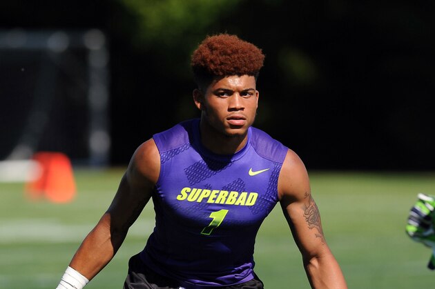 Jul 2, 2013; Beaverton, OR, USA; Jalen Tabor (1) drops back in coverage during the Nike 7on7 pool play at Nike World Headquarters in Beaverton, Oregon on Tuesday July, 2, 2013. Mandatory Credit: Steve Dykes-USA TODAY Sports