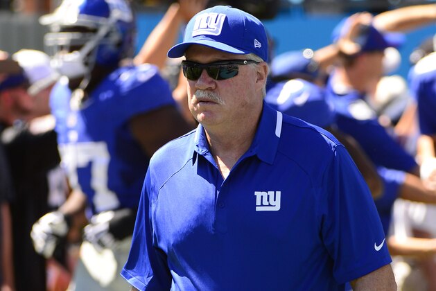Sep 22, 2013; Charlotte, NC, USA; New York Giants offensive coordinator Kevin Gilbride before the game at Bank of America Stadium. Mandatory Credit: Bob Donnan-USA TODAY Sports