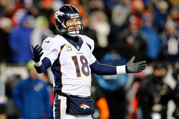 FOXBORO, MA - NOVEMBER 24:  Quarterback Peyton Manning #18 of the Denver Broncos looks on against the New England Patriots during a game at Gillette Stadium on November 24, 2013 in Foxboro, Massachusetts.  (Photo by Jim Rogash/Getty Images)