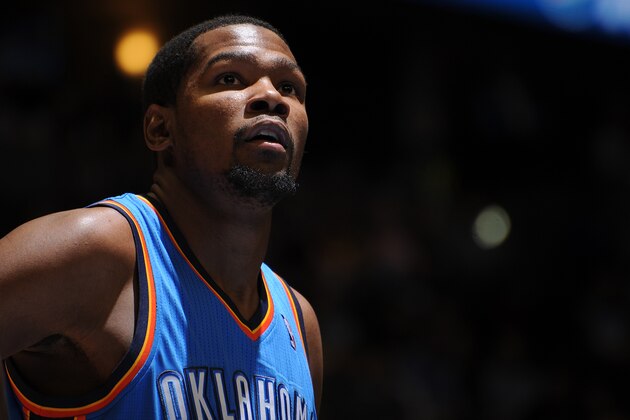DENVER, CO - December 17: Kevin Durant #35 of the Oklahoma City Thunder looks on during the game against the Denver Nuggets on December 17, 2013 at the Pepsi Center in Denver, Colorado. NOTE TO USER: User expressly acknowledges and agrees that, by downloading and/or using this Photograph, user is consenting to the terms and conditions of the Getty Images License Agreement. Mandatory Copyright Notice: Copyright 2013 NBAE (Photo by Bart Young/NBAE via Getty Images)