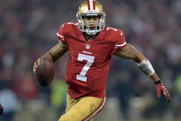 Dec 23, 2013; San Francisco, CA, USA; San Francisco 49ers quarterback Colin Kaepernick (7) scrambles in the fourth quarter against the Atlanta Falcons in the final regular season game at Candlestick Park. Mandatory Credit: Kirby Lee-USA TODAY Sports Dec 23, 2013; San Francisco, CA, USA; San Francisco 49ers quarterback Colin Kaepernick (7) scrambles in the fourth quarter against the Atlanta Falcons in the final regular season game at Candlestick Park. Mandatory Credit: Kirby Lee-USA TODAY Sports