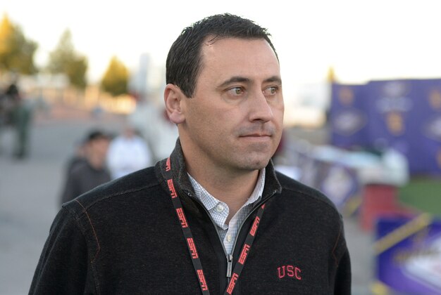 Dec 21, 2013; Las Vegas, NV, USA; Southern California Trojans coach Steve Sarkisian attends the Las Vegas Bowl game against the Fresno State Bulldogs at Sam Boyd Stadium. USC defeated Fresno State 45-20. Mandatory Credit: Kirby Lee-USA TODAY Sports
